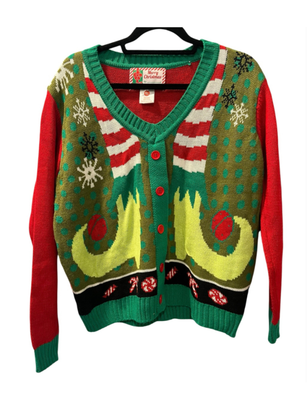 Elf Body Ugly Christmas Cardigan Sweater Women's Size XL Knit Holiday Peppermint